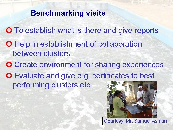 Benchmarking visits O To establish what is there and give reports O Help in
