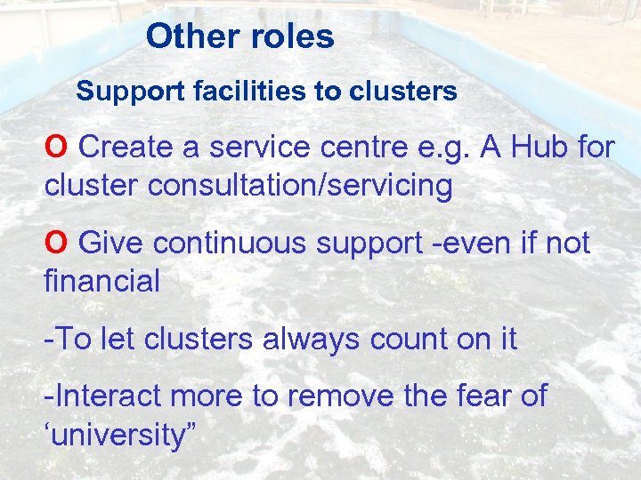 Other roles Support facilities to clusters O Create a service centre e. g. A
