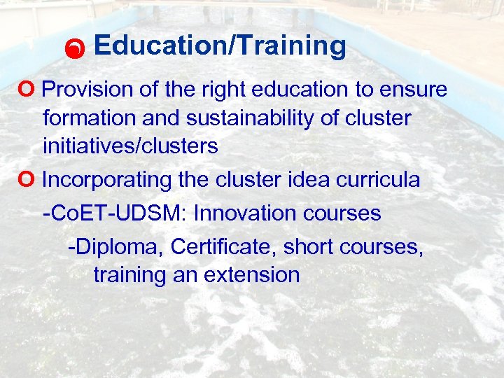 O Education/Training O Provision of the right education to ensure formation and sustainability of