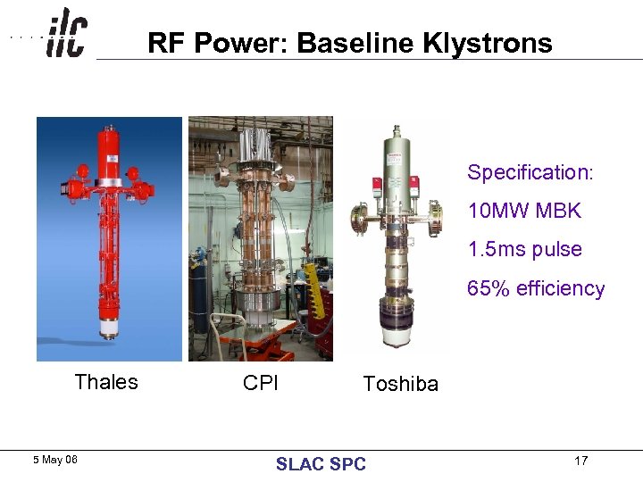 RF Power: Baseline Klystrons Specification: 10 MW MBK 1. 5 ms pulse 65% efficiency