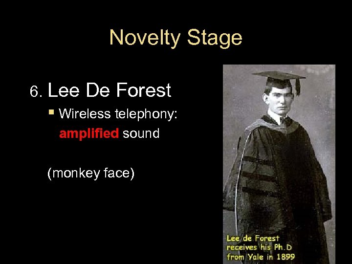 Novelty Stage 6. Lee De Forest § Wireless telephony: amplified sound (monkey face) 