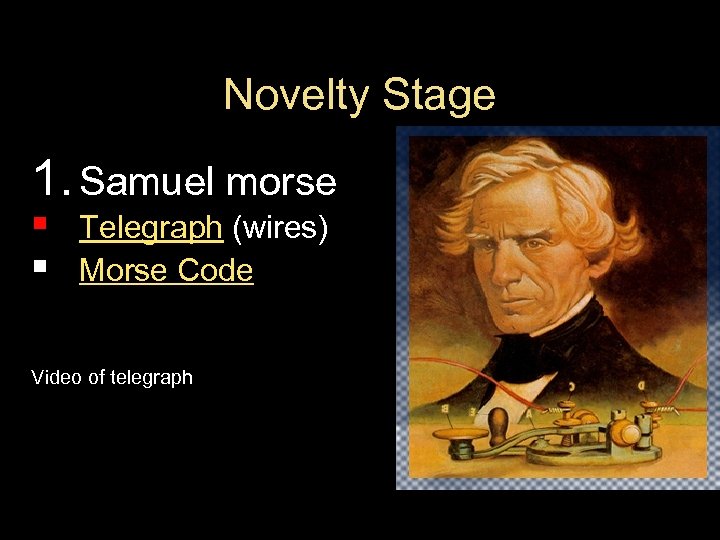 Novelty Stage 1. Samuel morse § § Telegraph (wires) Morse Code Video of telegraph