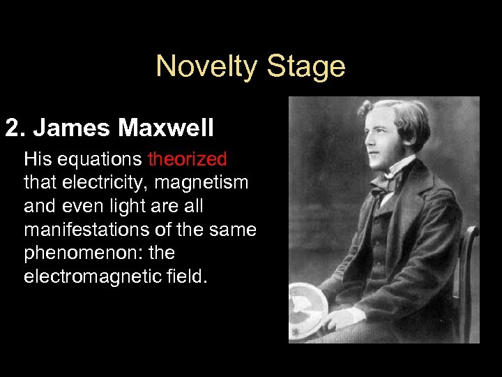 Novelty Stage 2. James Maxwell His equations theorized that electricity, magnetism and even light