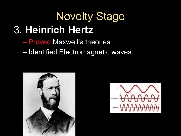 Novelty Stage 3. Heinrich Hertz – Proved Maxwell’s theories – Identified Electromagnetic waves 