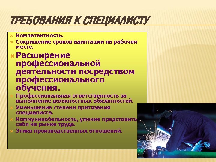ТРЕБОВАНИЯ К СПЕЦИАЛИСТУ Компетентность. Сокращение сроков адаптации на рабочем месте. Расширение профессиональной деятельности посредством