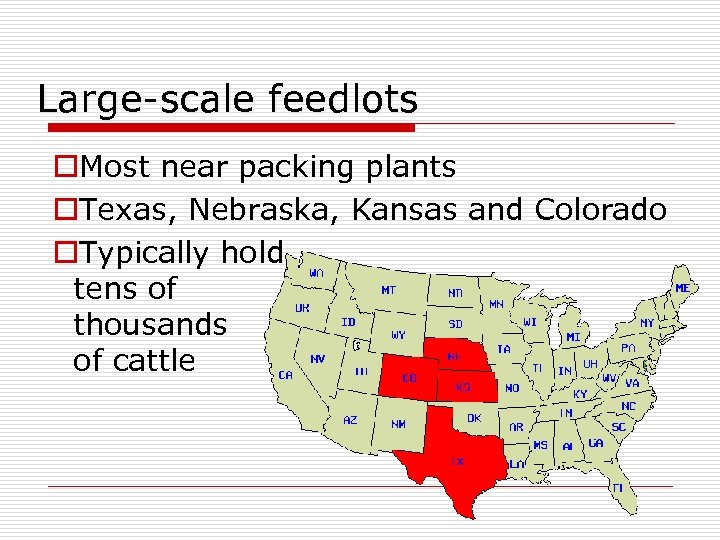 Large-scale feedlots o. Most near packing plants o. Texas, Nebraska, Kansas and Colorado o.