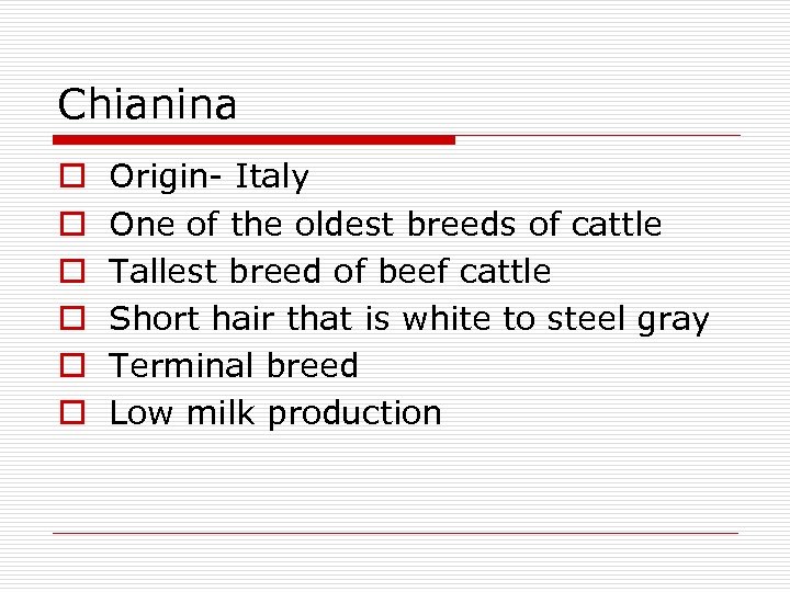 Chianina o o o Origin- Italy One of the oldest breeds of cattle Tallest