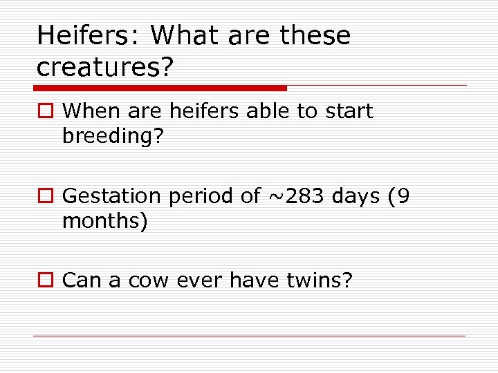 Heifers: What are these creatures? o When are heifers able to start breeding? o