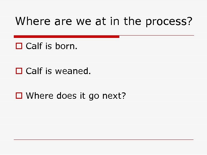 Where are we at in the process? o Calf is born. o Calf is