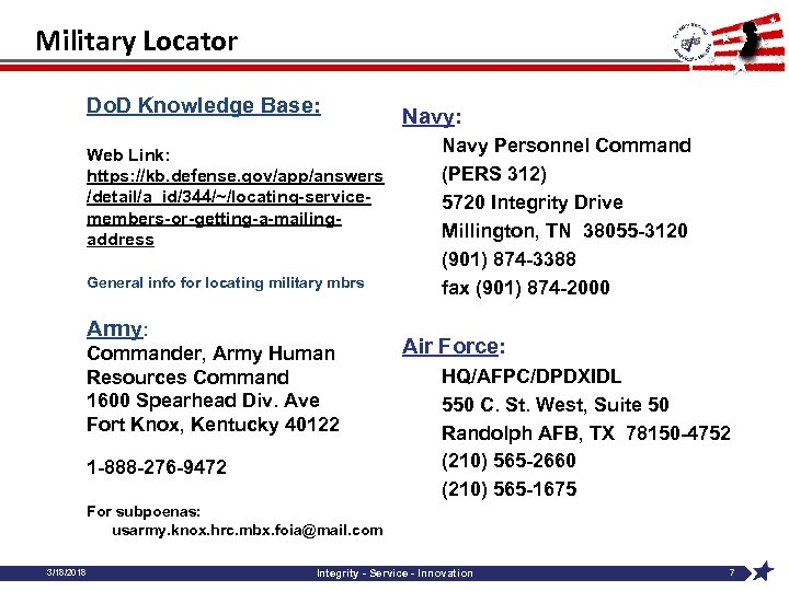 Military Locator Do. D Knowledge Base: Web Link: https: //kb. defense. gov/app/answers /detail/a_id/344/~/locating-servicemembers-or-getting-a-mailingaddress General