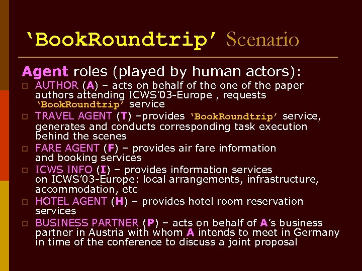 ‘Book. Roundtrip’ Scenario Agent roles (played by human actors): p p p AUTHOR (A)