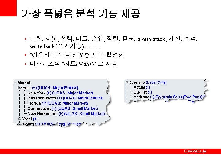 가장 폭넓은 분석 기능 제공 • 드릴, 피봇, 선택, 비교, 순위, 정렬, 필터, group