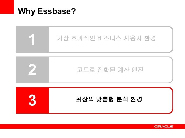 Why Essbase? 1 가장 효과적인 비즈니스 사용자 환경 2 고도로 진화된 계산 엔진 3