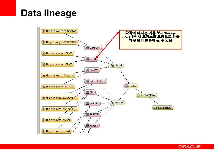 Data lineage 각각의 마디는 계통 보기(lineage view) 내에서 포커스의 포인트로 만들 기 위해 더블클릭