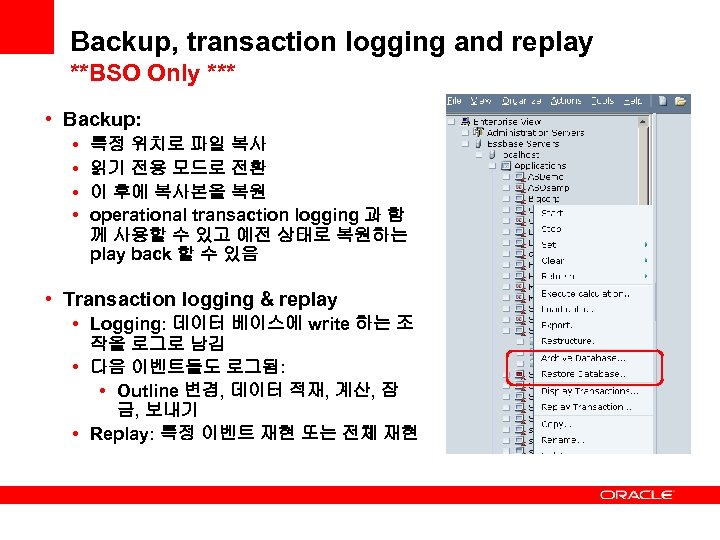 Backup, transaction logging and replay **BSO Only *** • Backup: • • 특정 위치로