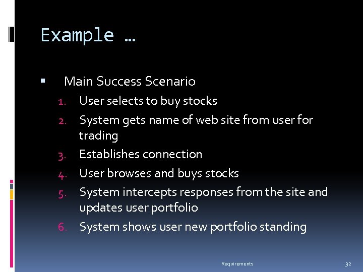Example … Main Success Scenario 1. 2. 3. 4. 5. 6. User selects to