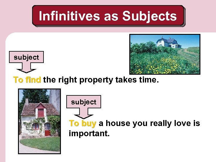 Infinitives as Subjects subject To find the right property takes time. subject To buy