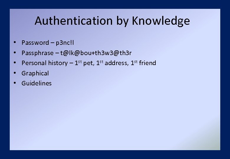 Authentication by Knowledge • • • Password – p 3 nc!l Passphrase – t@lk@bou+th