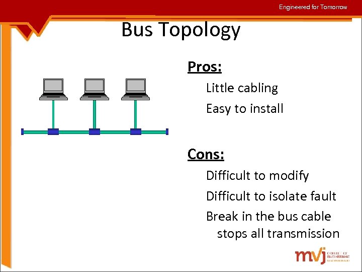Engineered for Tomorrow Bus Topology Pros: Little cabling Easy to install Cons: Difficult to