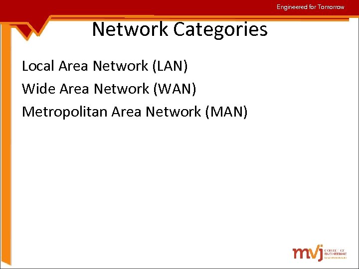 Engineered for Tomorrow Network Categories Local Area Network (LAN) Wide Area Network (WAN) Metropolitan