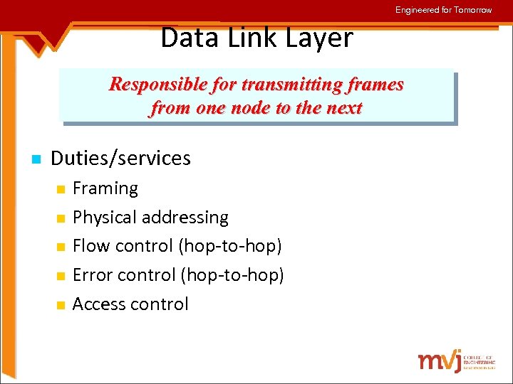 Engineered for Tomorrow Data Link Layer Responsible for transmitting frames from one node to