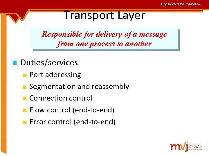 Engineered for Tomorrow Transport Layer Responsible for delivery of a message from one process