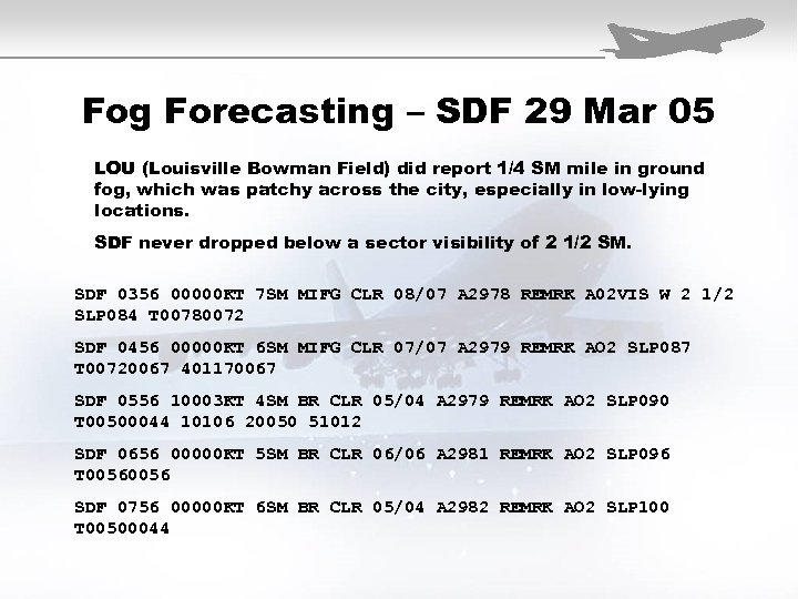 Fog Forecasting – SDF 29 Mar 05 LOU (Louisville Bowman Field) did report 1/4