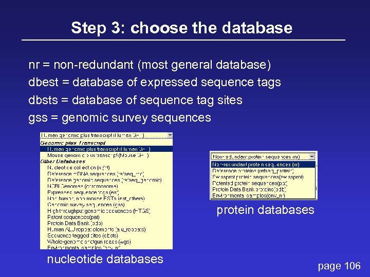 Step 3: choose the database nr = non-redundant (most general database) dbest = database