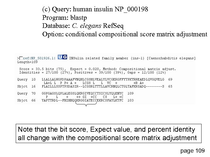 (c) Query: human insulin NP_000198 Program: blastp Database: C. elegans Ref. Seq Option: conditional