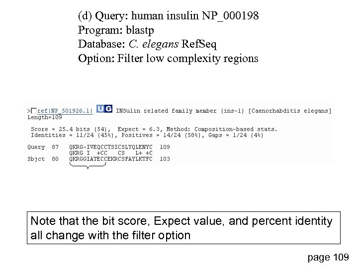 (d) Query: human insulin NP_000198 Program: blastp Database: C. elegans Ref. Seq Option: Filter