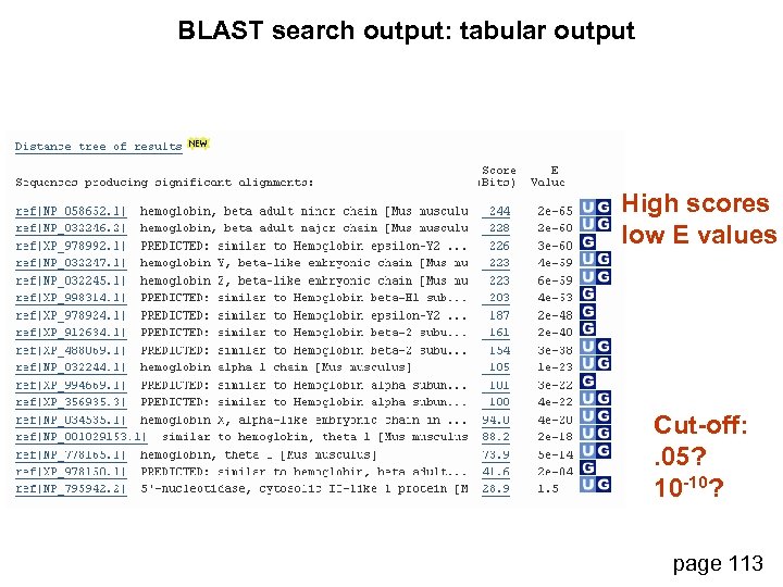 BLAST search output: tabular output High scores low E values Cut-off: . 05? 10