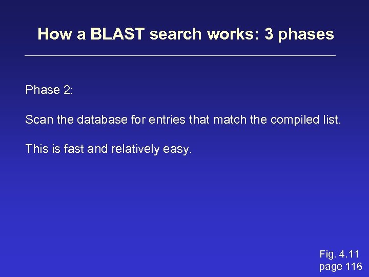 How a BLAST search works: 3 phases Phase 2: Scan the database for entries