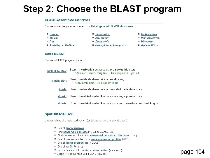 Step 2: Choose the BLAST program page 104 