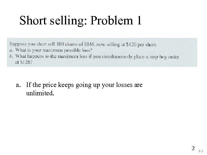 Short selling: Problem 1 a. If the price keeps going up your losses are