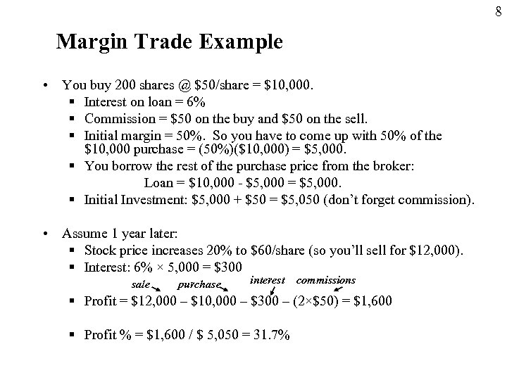 8 Margin Trade Example • You buy 200 shares @ $50/share = $10, 000.