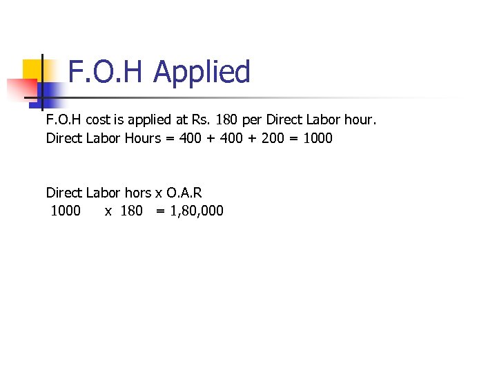 F. O. H Applied F. O. H cost is applied at Rs. 180 per