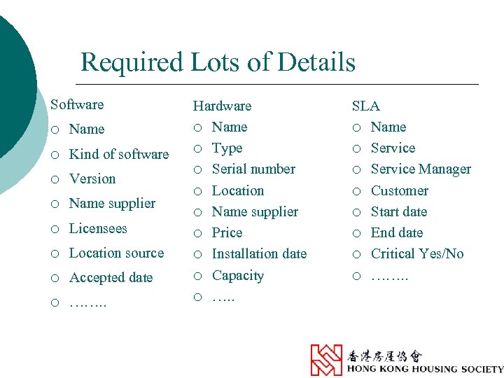 Required Lots of Details Software ¡ Name ¡ Kind of software ¡ Version ¡