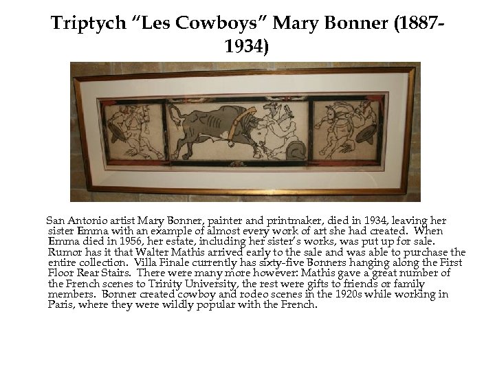Triptych “Les Cowboys” Mary Bonner (18871934) San Antonio artist Mary Bonner, painter and printmaker,