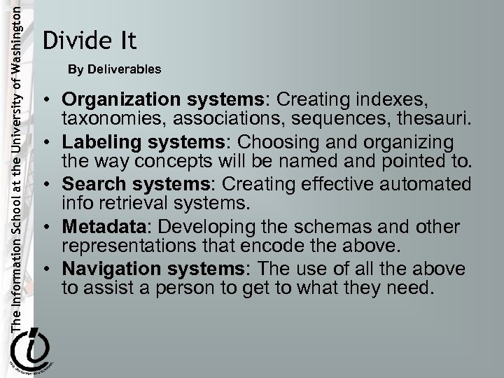 The Information School at the University of Washington Divide It By Deliverables • Organization