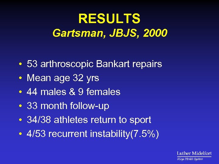 RESULTS Gartsman, JBJS, 2000 • • • 53 arthroscopic Bankart repairs Mean age 32