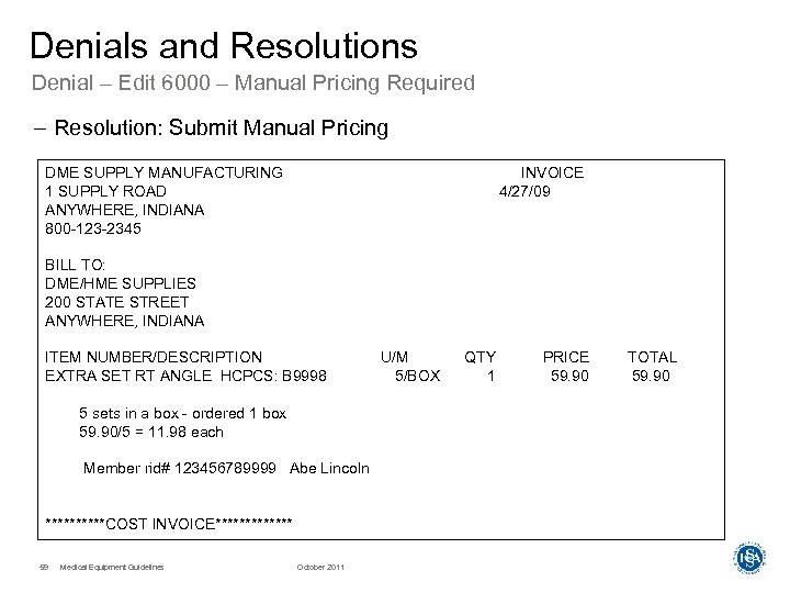 Denials and Resolutions Denial – Edit 6000 – Manual Pricing Required – Resolution: Submit