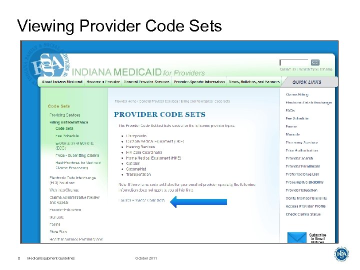 Viewing Provider Code Sets 8 Medical Equipment Guidelines October 2011 
