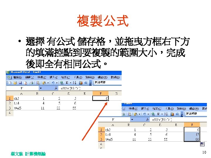 複製公式 • 選擇 有公式 儲存格，並拖曳方框右下方 的填滿控點到要複製的範圍大小，完成 後即全有相同公式。 蔡文能 計算機概論 10 