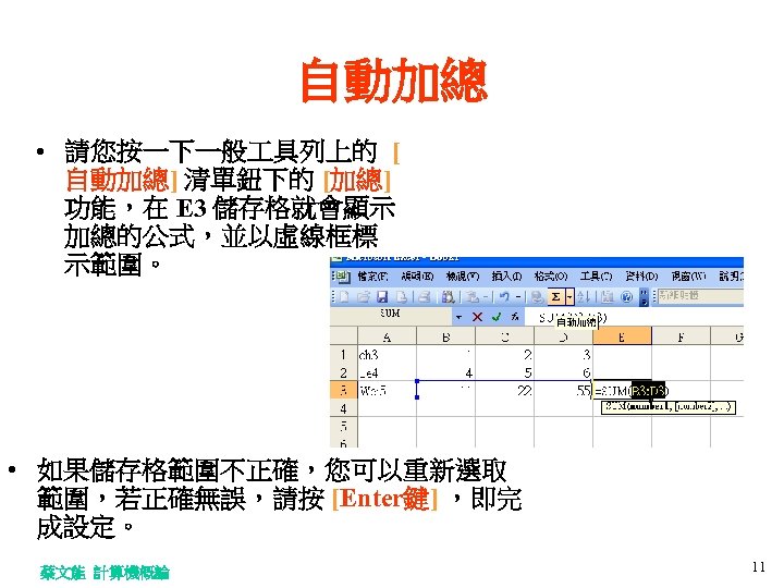 自動加總 • 請您按一下一般 具列上的 [ 自動加總] 清單鈕下的 [加總] 功能，在 E 3 儲存格就會顯示 加總的公式，並以虛線框標 示範圍。