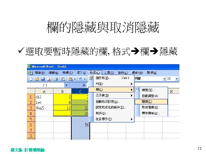 欄的隱藏與取消隱藏 ü 選取要暫時隱藏的欄, 格式 欄 隱藏 蔡文能 計算機概論 12 