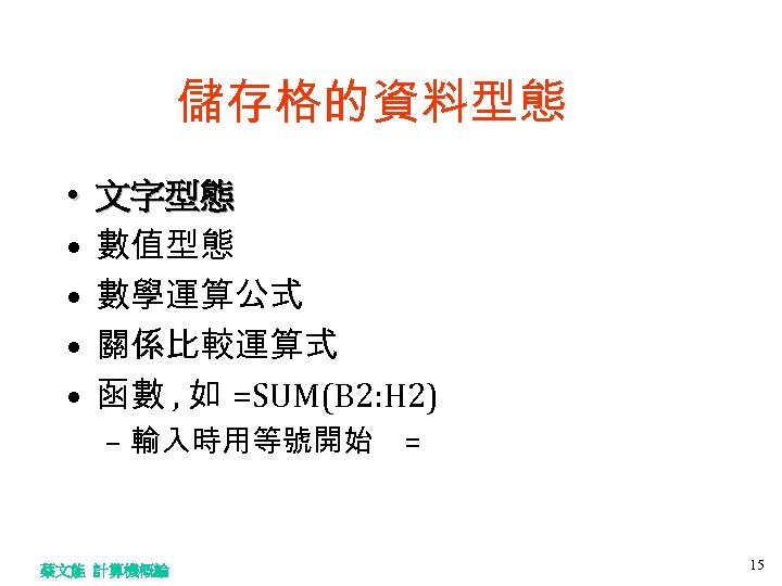 儲存格的資料型態 • • • 文字型態 數值型態 數學運算公式 關係比較運算式 函數 , 如 =SUM(B 2: H