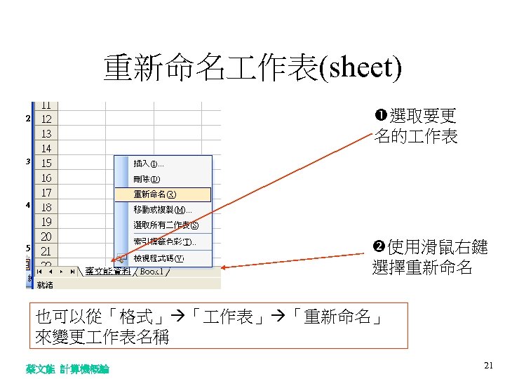 重新命名 作表(sheet) • 選取要更 名的 作表 使用滑鼠右鍵 選擇重新命名 也可以從「格式」 「 作表」 「重新命名」 來變更 作表名稱