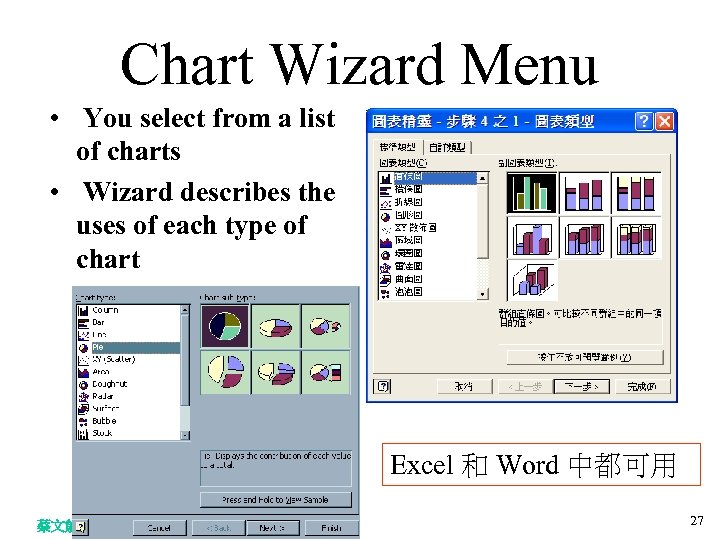 Chart Wizard Menu • You select from a list of charts • Wizard describes