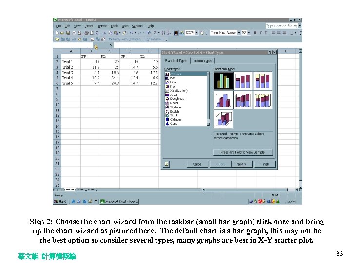 Step 2: Choose the chart wizard from the taskbar (small bar graph) click once