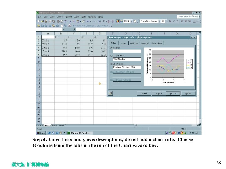 Step 4. Enter the x and y axis descriptions, do not add a chart